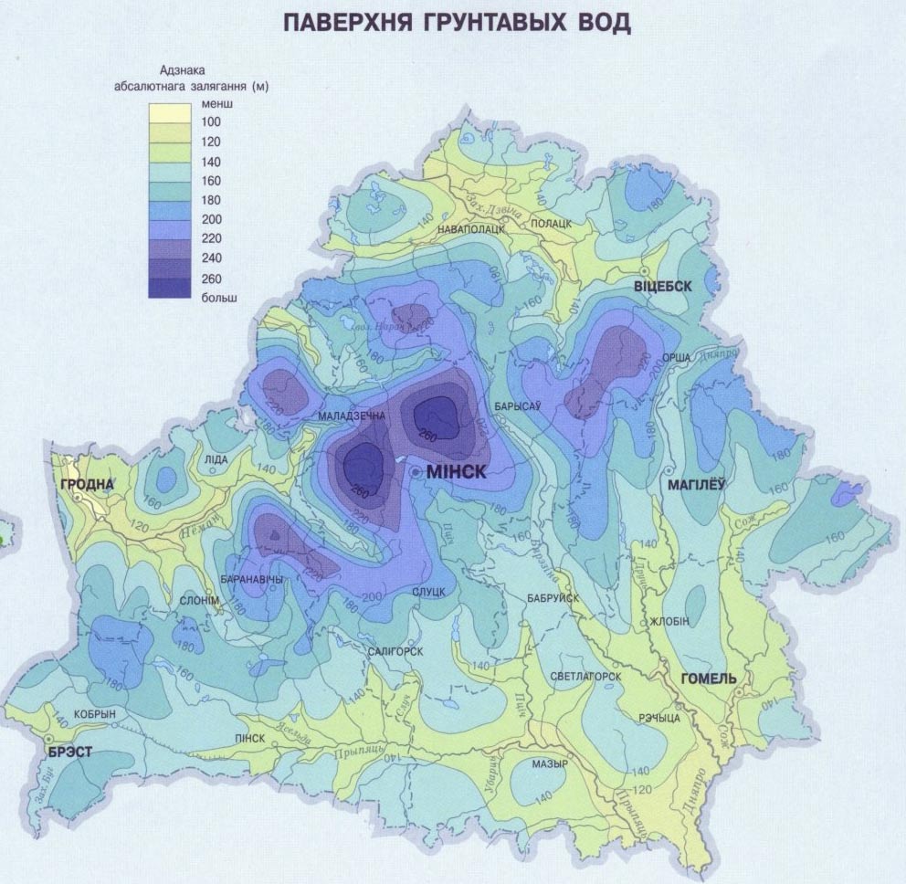 карта глубин водоносных горизонтов Беларуси